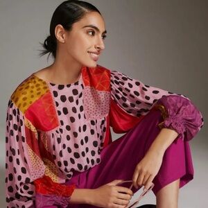 Bl^nk London Anthropologie Top Womens Miranda Peasant Boho Pink Blouse